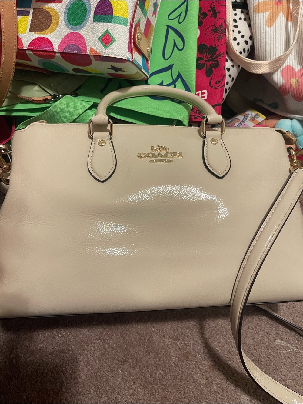 Coach Cream Patent Leather Satchel with Removable Strap